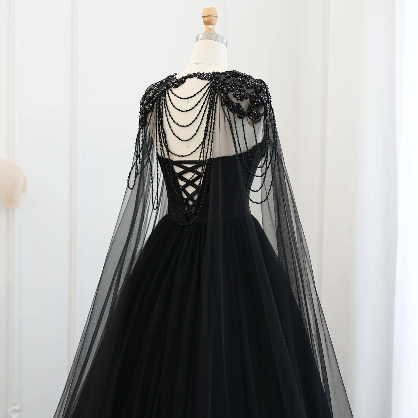 Gothic Tulle Evening Dress with Cape Sleeves Elegant Women Luxury Formal Party Gowns - Image 7