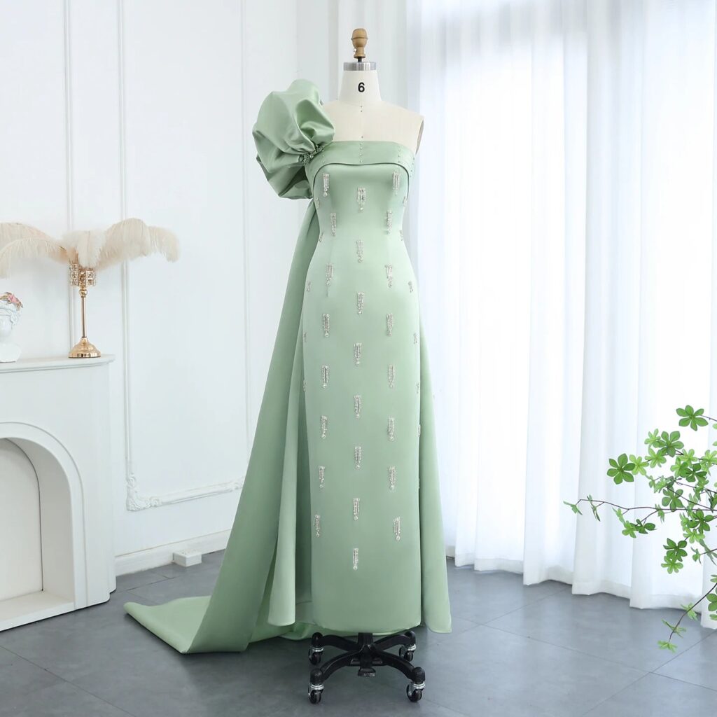 Sage Green One Shoulder Evening Dress with Cape Luxury Crystal Tassel Wedding Party Gowns