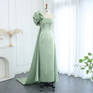 Sage Green One Shoulder Evening Dress with Cape Luxury Crystal Tassel Wedding Party Gowns