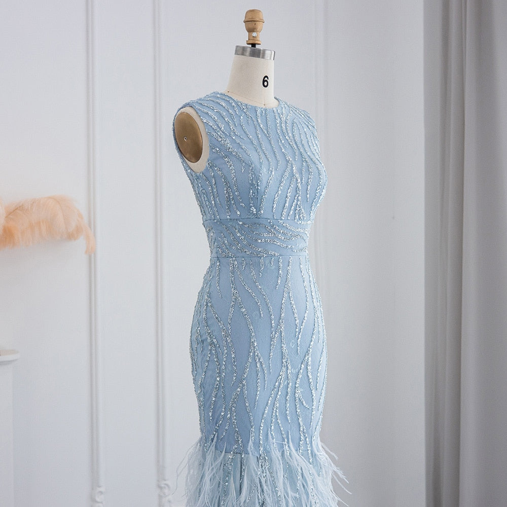 Elegant Lace Midi Evening Dress with Feathers Beading Formal Dresses for Wedding Party - Image 7