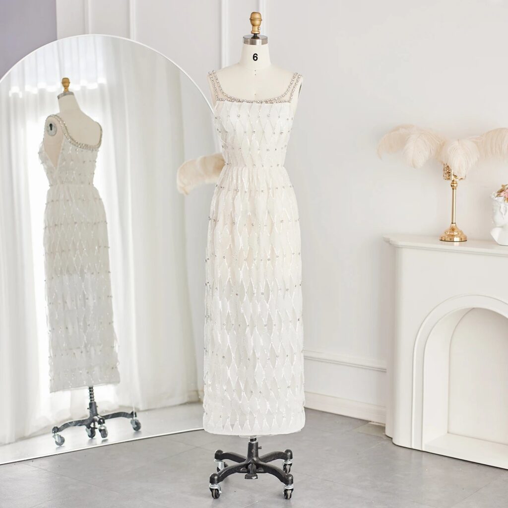 Luxury Crystal White Evening Dresses for Women Wedding Square Neckline Midi Formal Prom Party Gowns