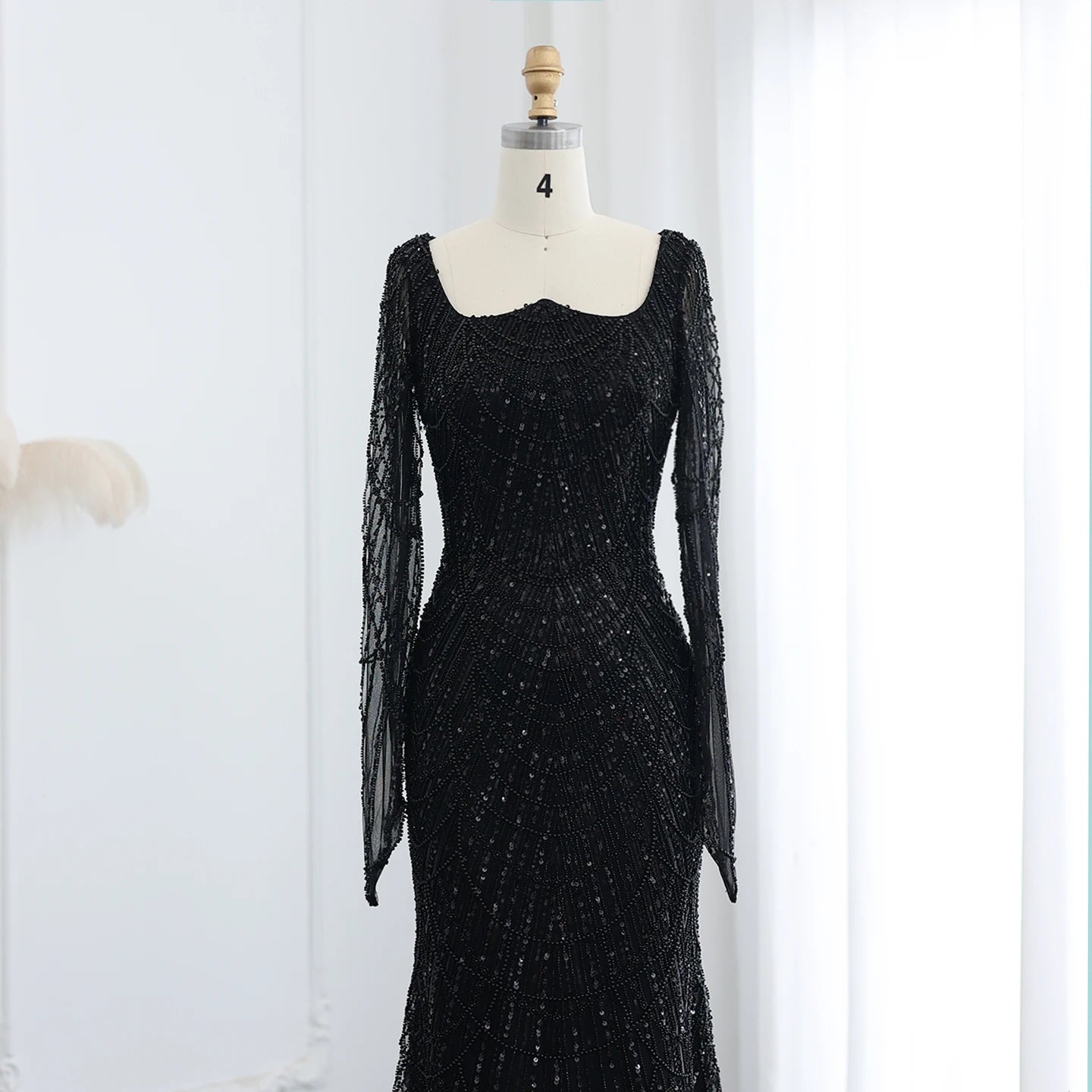 Beads Black Mermaid Long Sleeve Evening Dress for Women Champagne Formal Dresses Prom Dress - Image 7