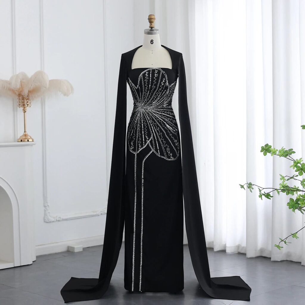 Elegant Black Luxury Beads Evening Dress with Cape Sleeves Long Women Wedding Party Gowns