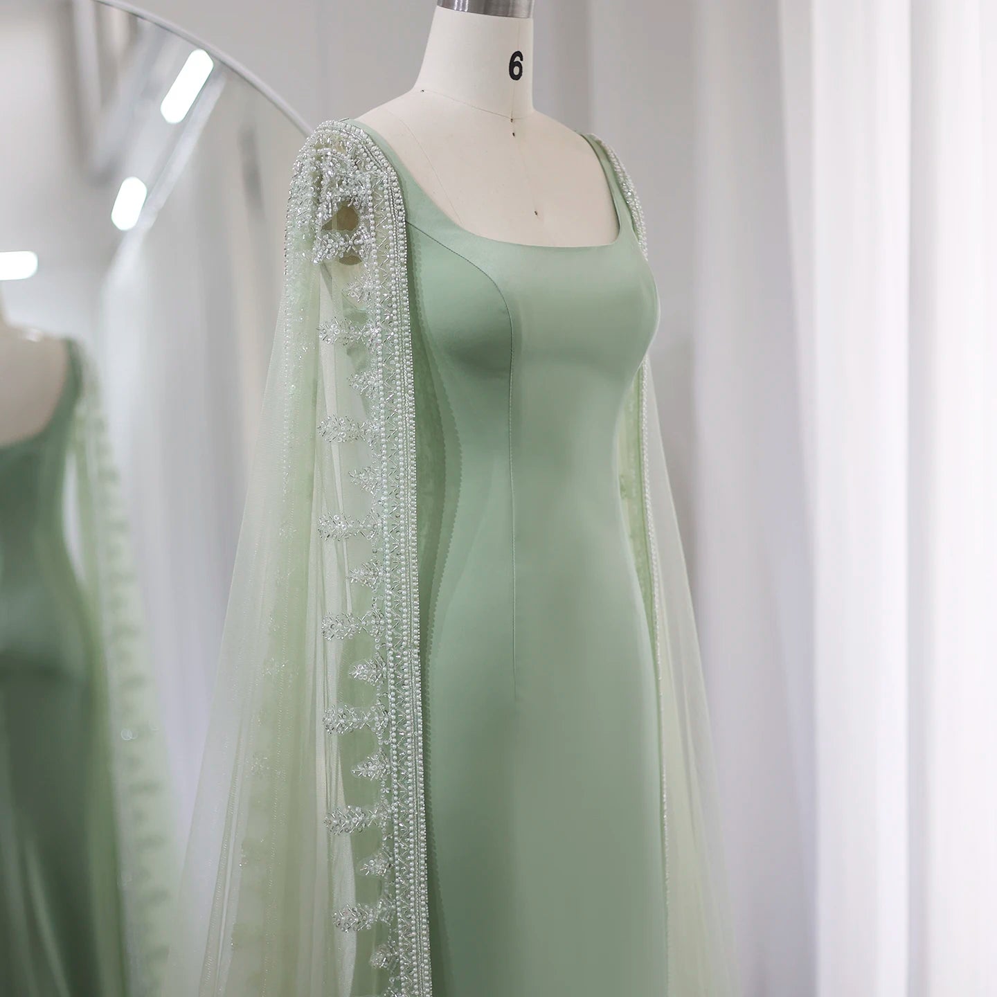 Luxury Blue Mermaid Evening Dresses with Cape Sleeves Sage Green Elegant Women Wedding Party Gowns - Image 12