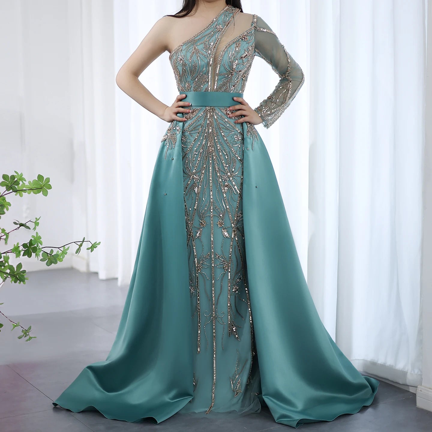Luxury Beads One Shoulder Turquoise Evening Dress with Overskirt Women Wedding Party Gown - Image 6