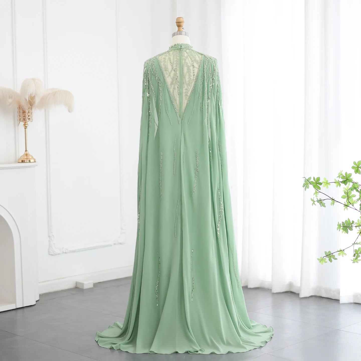 Beaded Sage Green Muslim Evening Dresses with Cape Long Sleeves Arabic Women Wedding Party Gown - Image 5