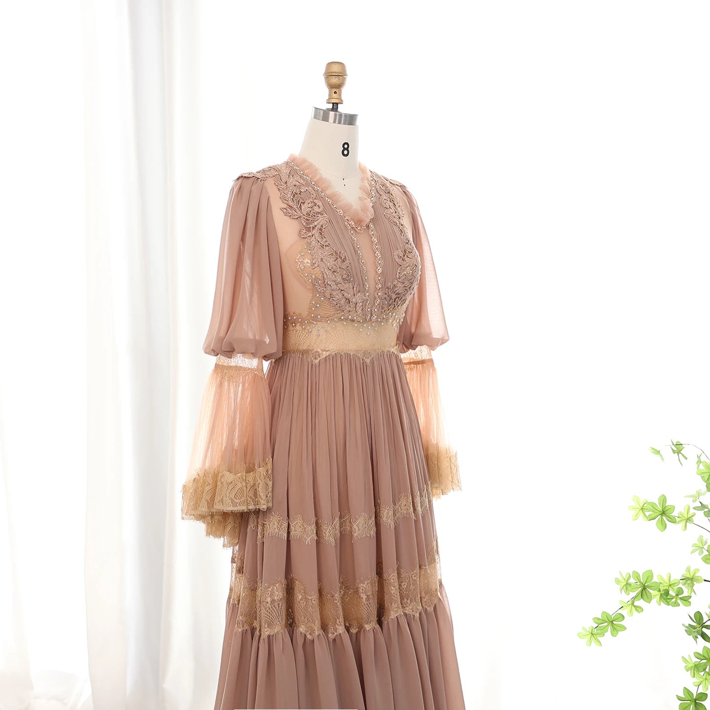 Elegant Peach Lace Evening Dress Luxury Long Sleeves Wedding Party Gowns - Image 5