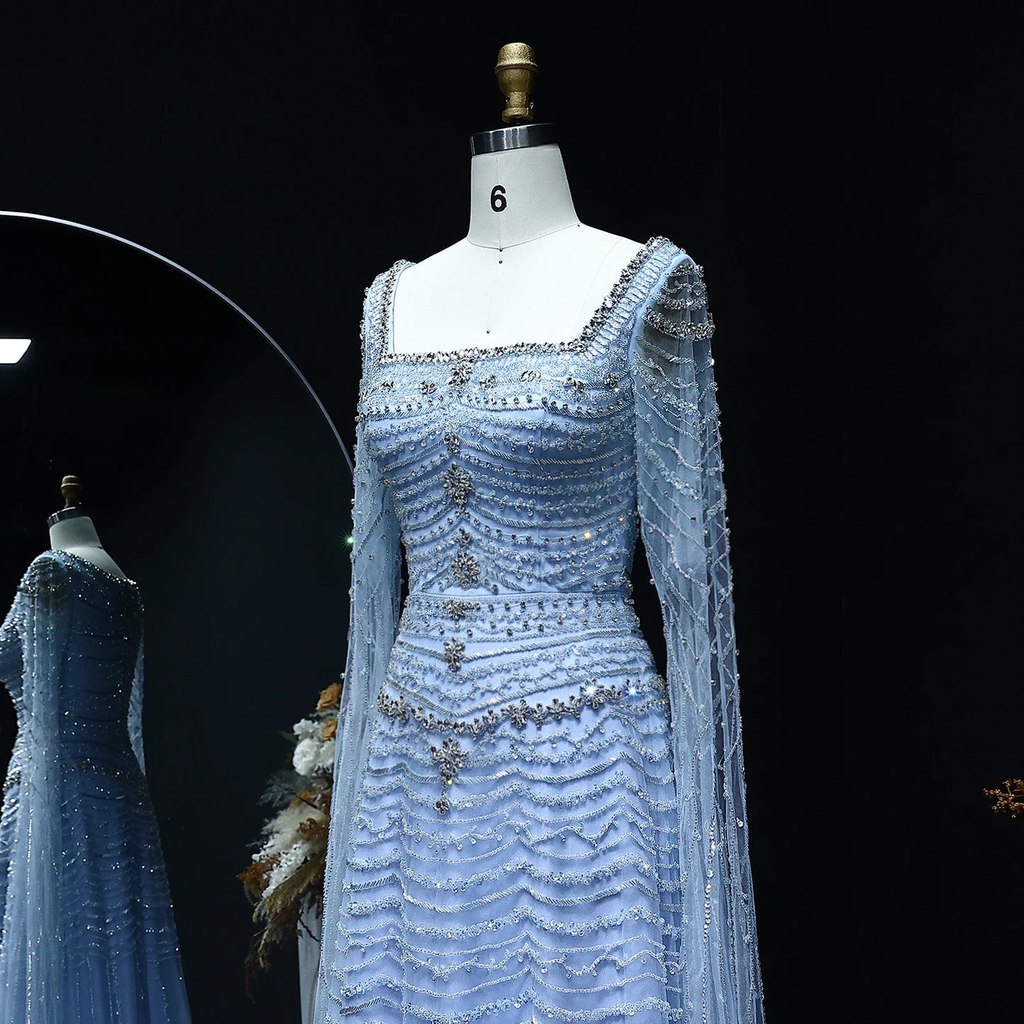 Luxury Nude Evening Dress with Cape Sleeves Blue White Women Wedding Party Gowns - Image 9