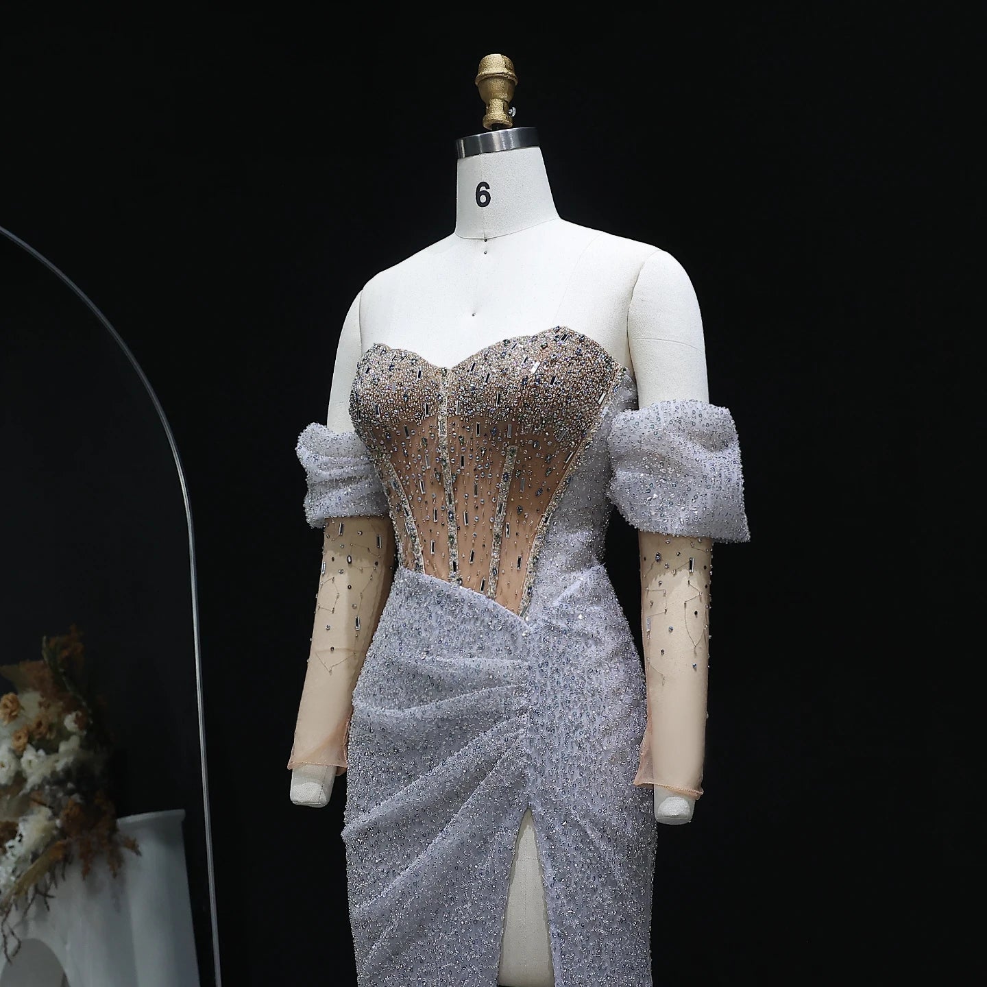 Luxury Mermaid Crystal Silver Evening Dress with Sleeves Slit Women Wedding Party Gown - Image 6