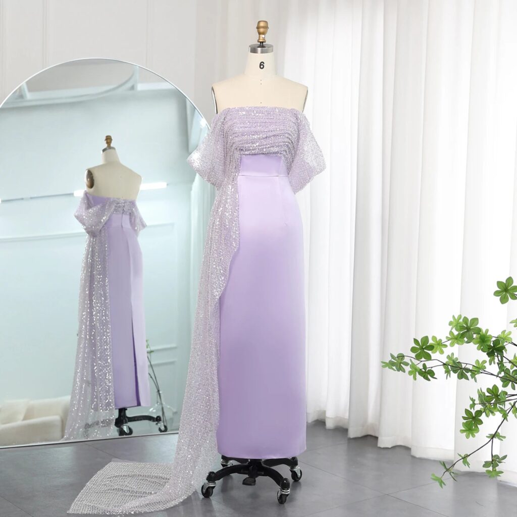 Elegant Off Shoulder Lilac  Evening Dress with Overskirt Beaded Women Wedding Guest Party Gowns