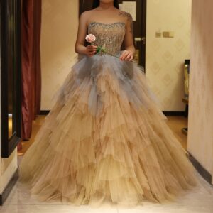 Rose Gold Ruffles Princess Ball Gown Evening Dresses for Women Wedding Engagement Party Dresses