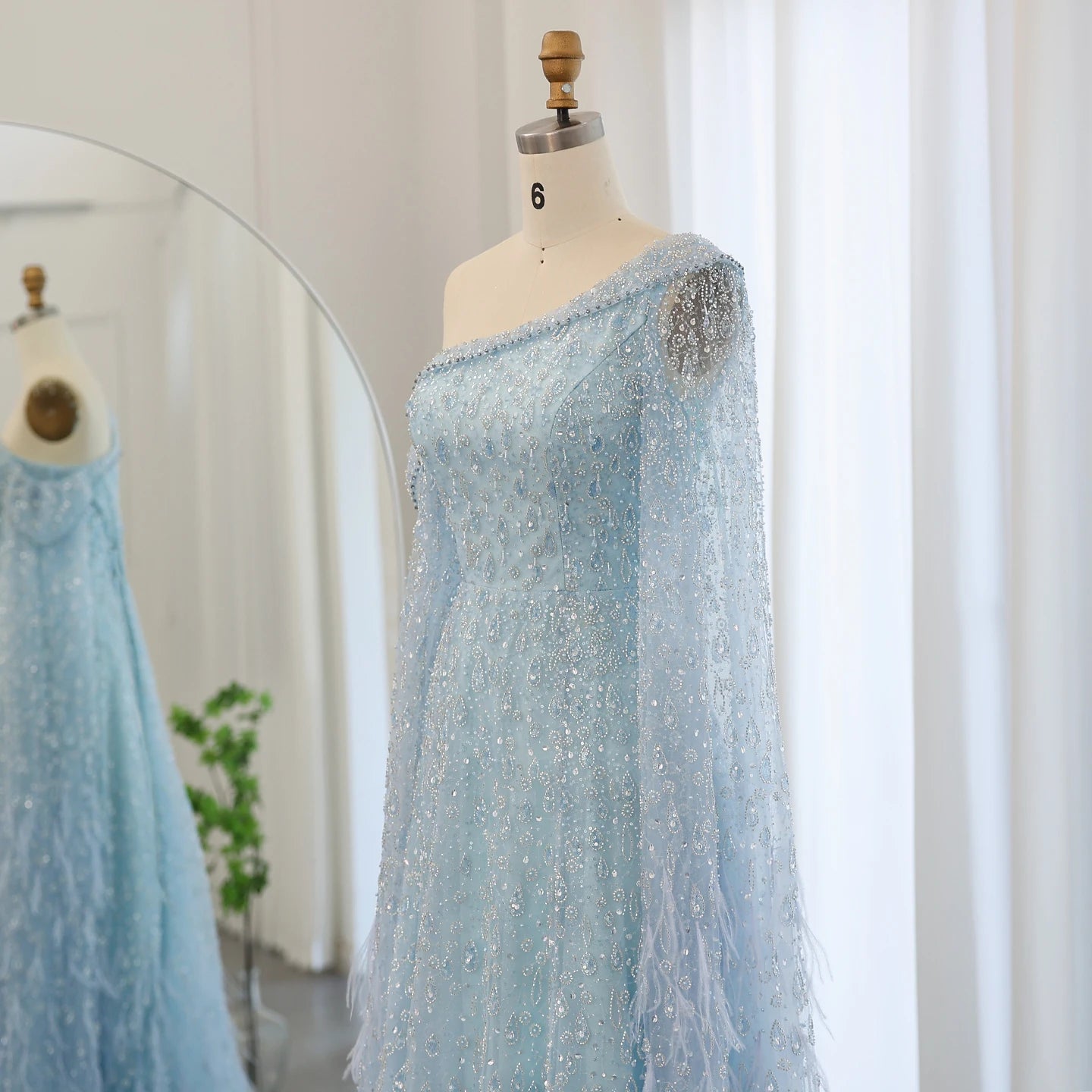 Luxury Feather One Shoulder Evening Dresses with Cape Sleeves Rose Gold Lilac Women Wedding Party Gowns - Image 14
