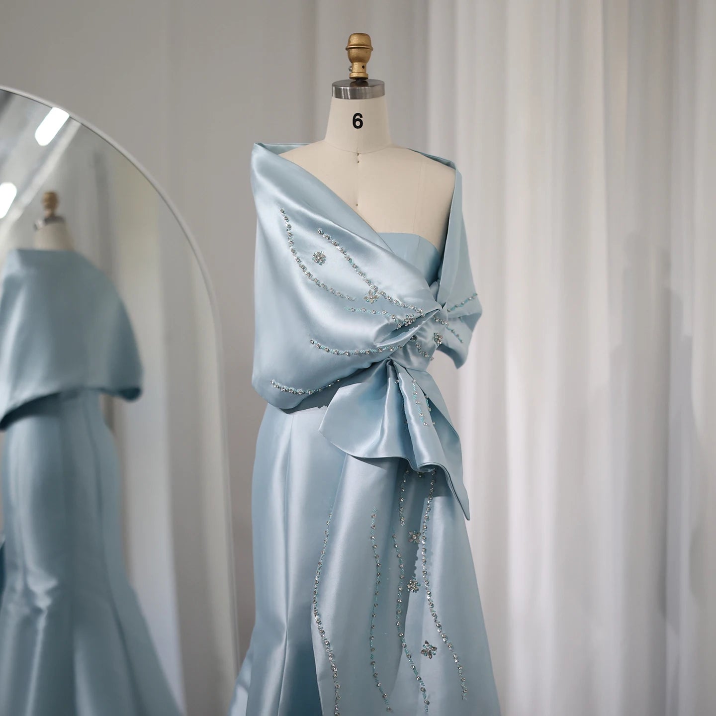 Luxury Blue Mermaid Evening Dresses with Cape Shawl Beaded Elegant Women Wedding Guest Party Gown - Image 3