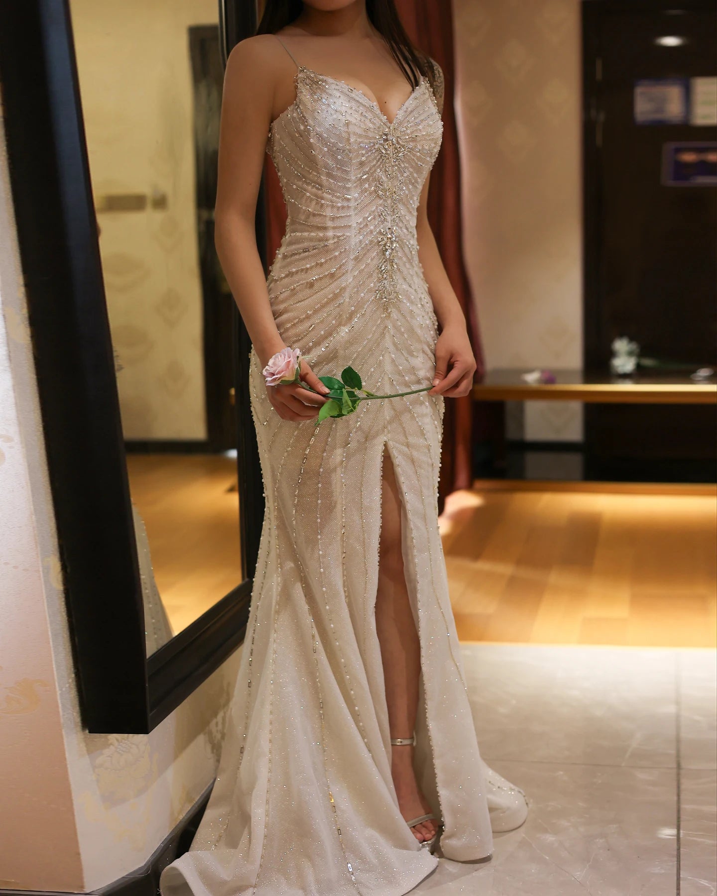 Crystal Luxury Mermaid White Wedding Dresses for Women Spaghetti Straps Front Slit Bridal Gowns - Image 10