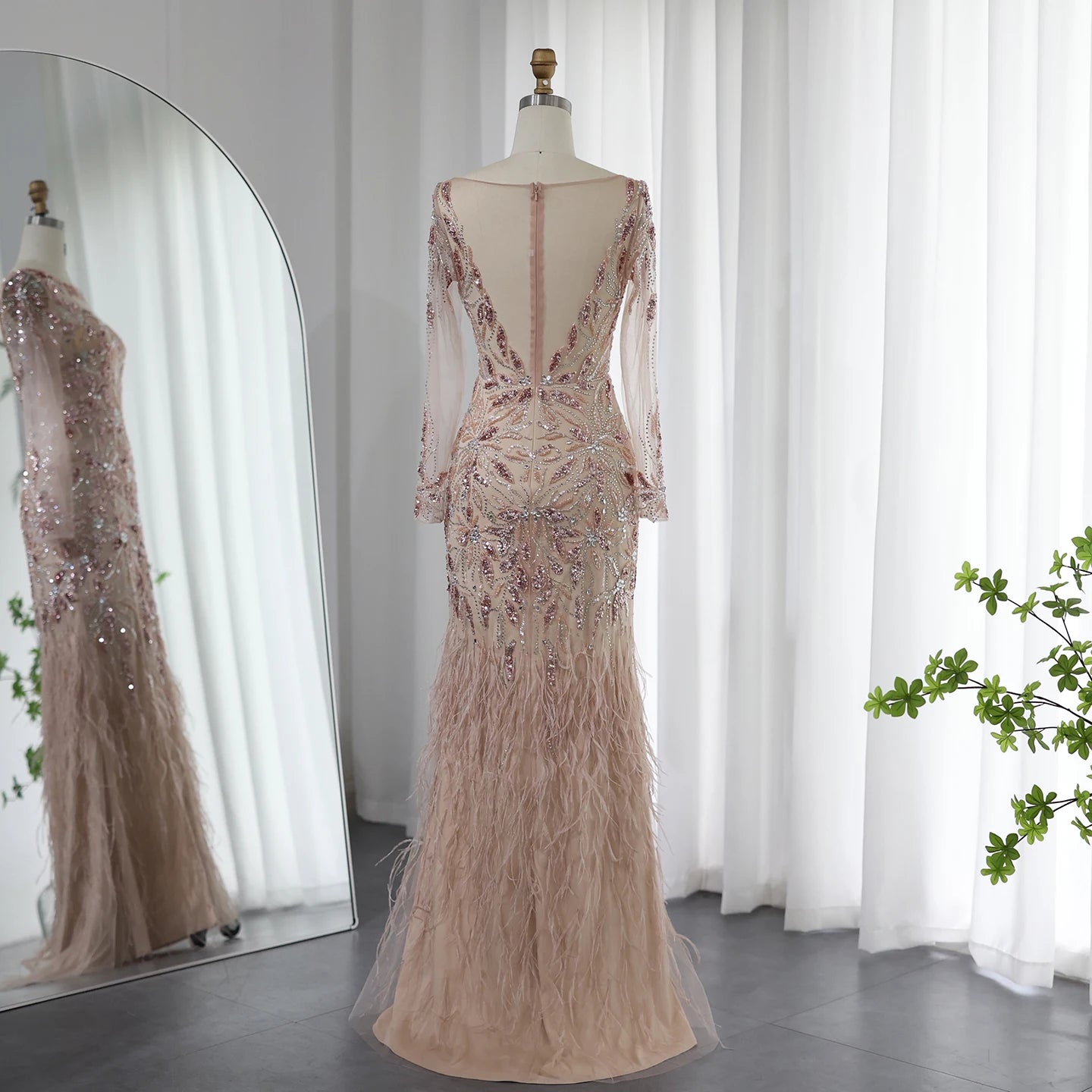 Luxury Feathers Evening Dresses for Women Wedding Elegant Long Sleeves Mermaid Prom Party Gowns - Image 9