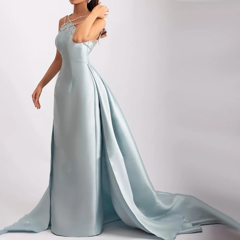 Elegant Light Blue Satin Evening Dress for Women Wedding Overskirt Formal Party Gowns
