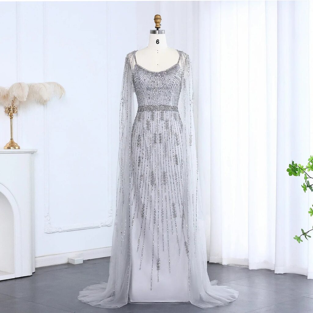 Luxury Champagne Mermaid Evening Dress with Cape Elegant Black Long Women Formal Party Gowns