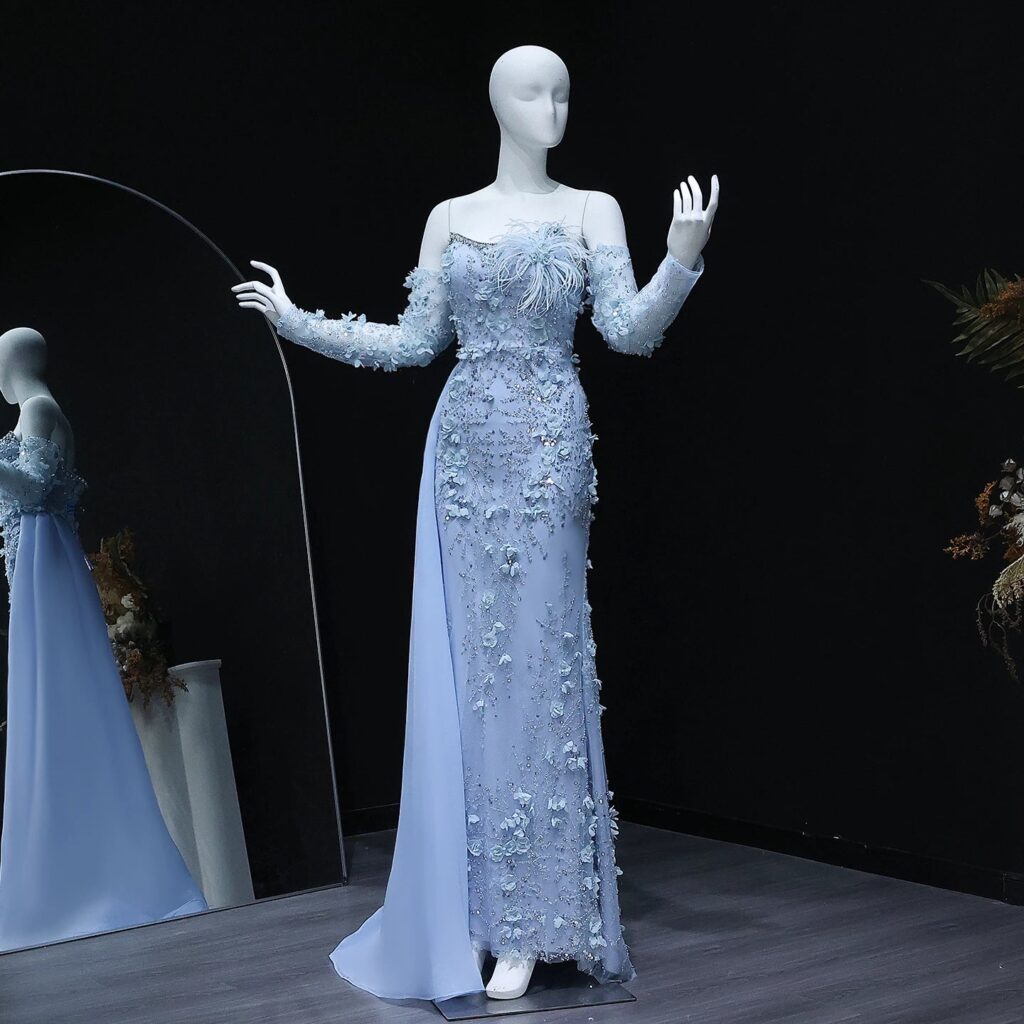 Elegant 3D Flowers Feathers Mermaid Evening Dress with Sleeves Women Wedding Party Gowns