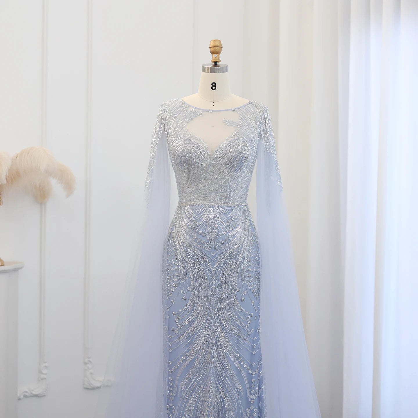 Luxury Blue Mermaid Evening Dress with Cape Sleeves 2024 Sage Green Plus Size Women Wedding Party Gowns - Image 4