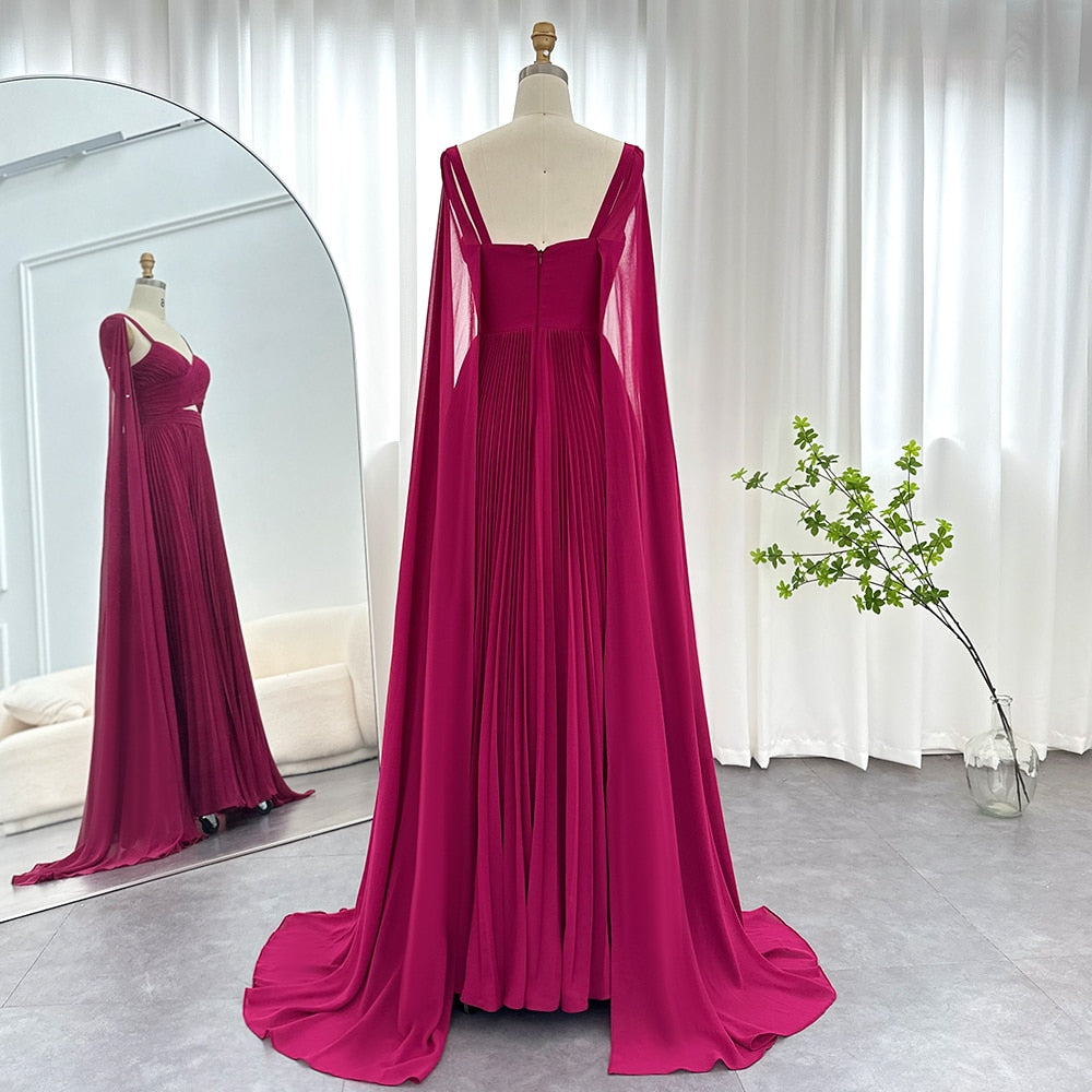 Fuchsia Chiffon Evening Dresses with Cape Sleeves Elegant Yellow Women Wedding Party Formal Gowns - Image 9