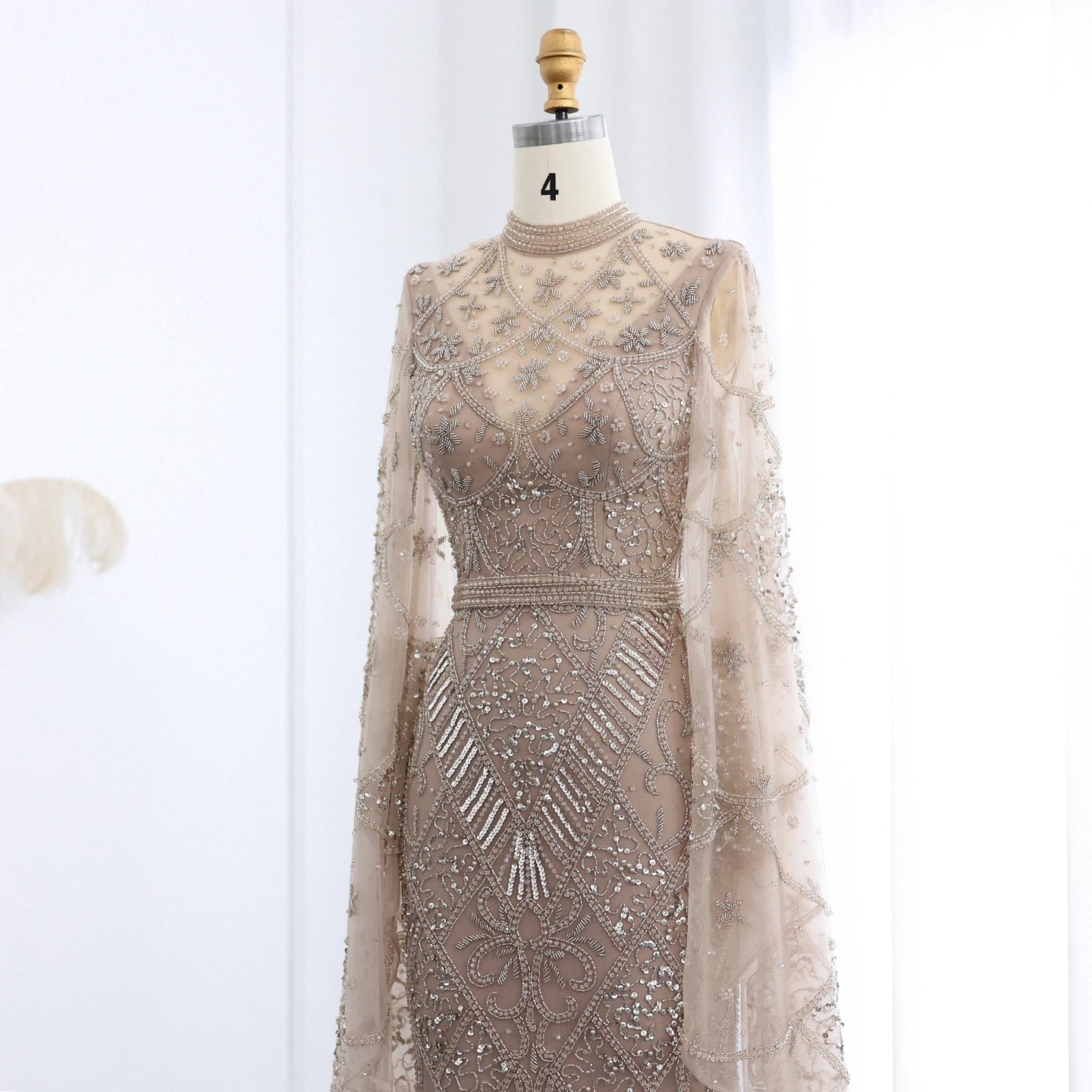 Black Beaded Luxury Evening Dress with Flare Long Sleeves High Neck Formal Party Gowns - Image 16
