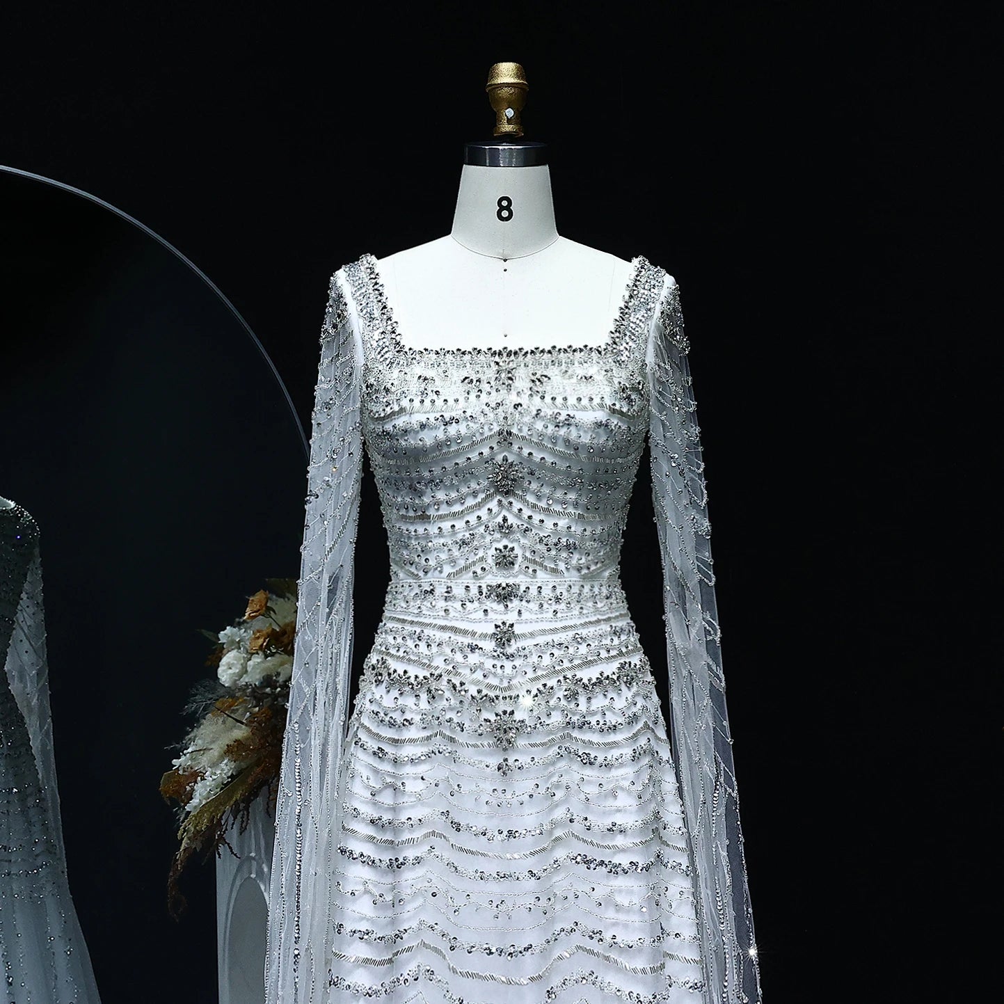 Luxury Nude Evening Dress with Cape Sleeves Blue White Women Wedding Party Gowns - Image 11