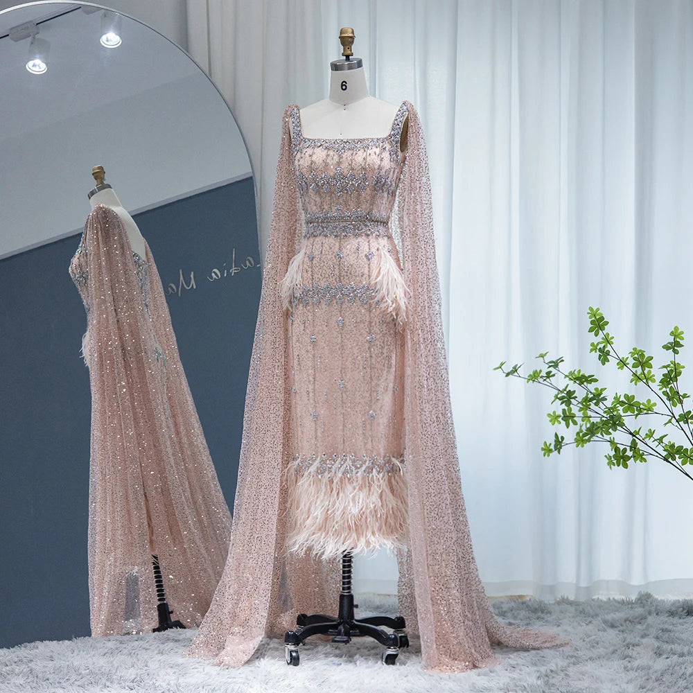 Mermaid Evening Dress with Cape Luxury Feather Formal Dresses for Women Wedding Party - Image 44