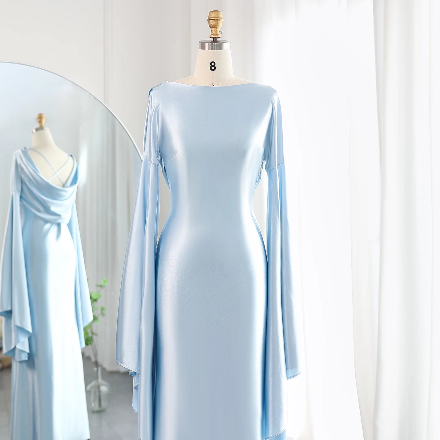Light Blue Mermaid Evening Dress with Flare Long Sleeves Criss Cross Women Wedding Party Gowns - Image 3