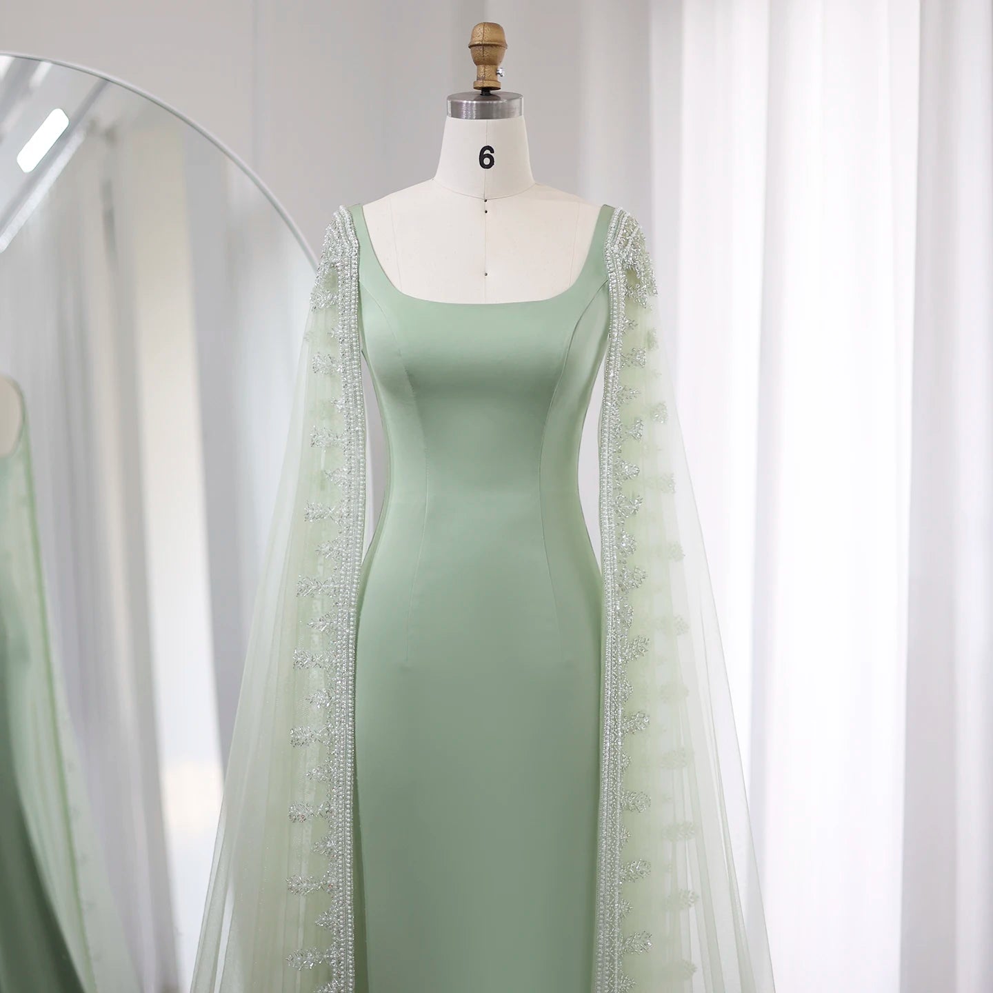 Luxury Blue Mermaid Evening Dresses with Cape Sleeves Sage Green Elegant Women Wedding Party Gowns - Image 10