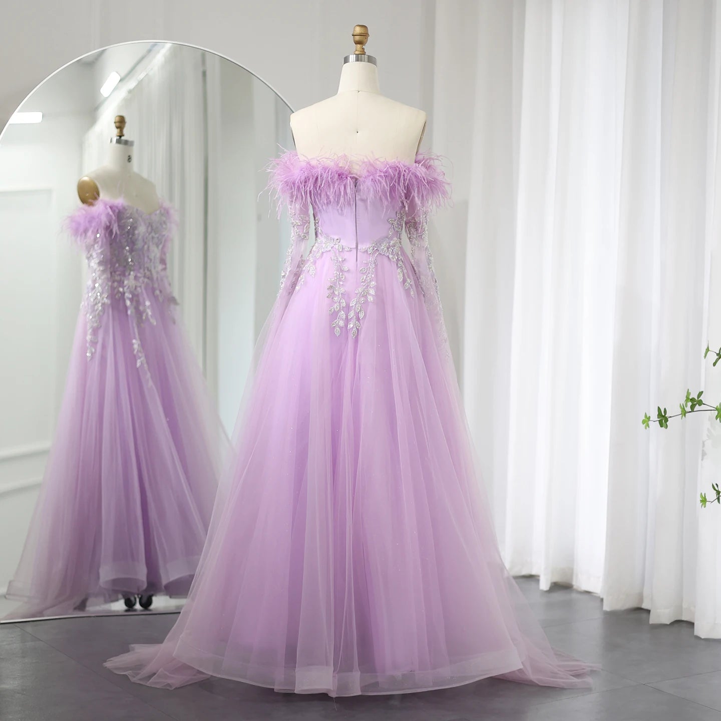 Luxury Feathers Gray Purple Evening Dress with Cape Sleeve Elegant Off Shoulder Lilac Wedding Party Gown - Image 9