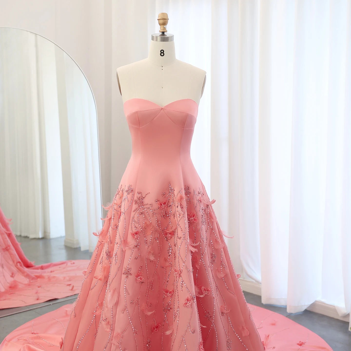 Luxury Feathers Coral Pink Evening Dresses 3D Flowers Sweetheart Long Women Wedding Formal Party Dress - Image 4