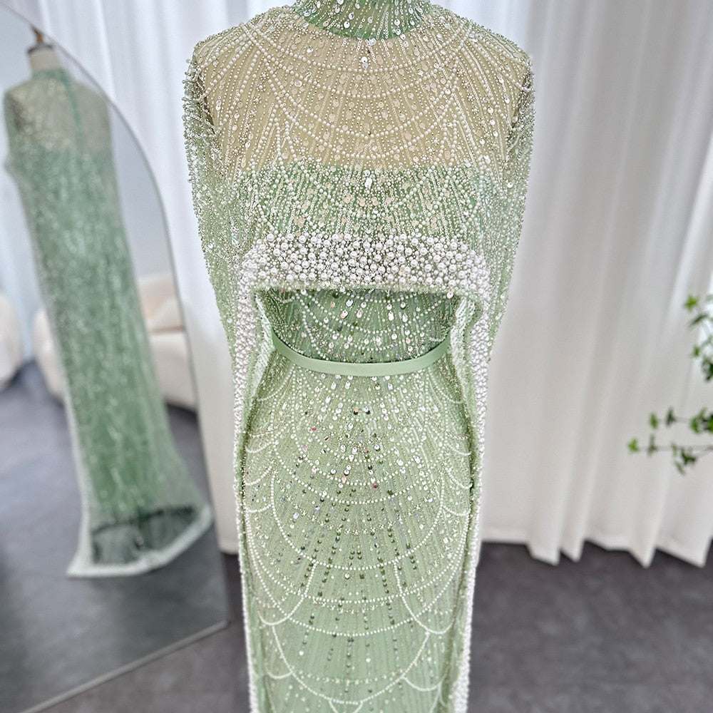 Luxury Pearls Champagne Evening Dresses with Cape Women Mermaid Wedding Party Prom Dress - Image 30