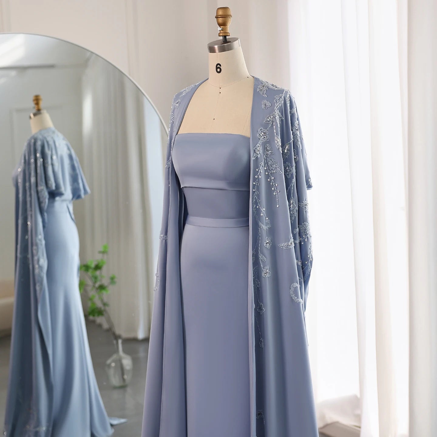 Blue Mermaid Evening Dress with Cape Sleeves 2024 Luxury Beaded Women Wedding Guest Party Gowns - Image 4