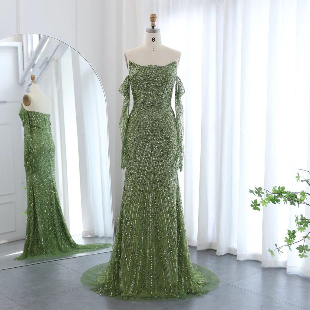 Luxury Mermaid Green Evening Dresses with Gloves Elegant Women Wedding Party Gowns