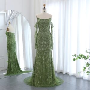 Luxury Mermaid Green Evening Dresses with Gloves Elegant Women Wedding Party Gowns