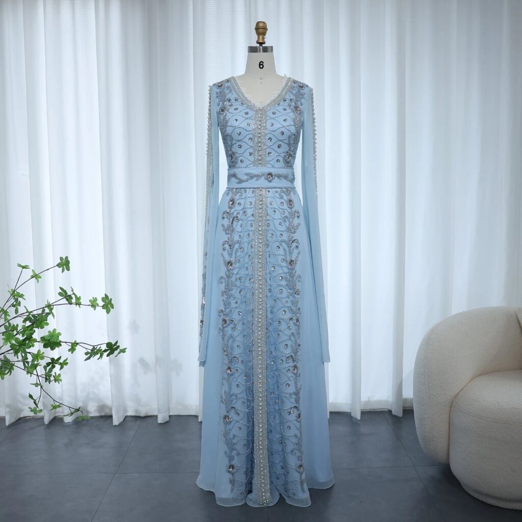 Blue Evening Dresses for Women Kaftan Wedding Party Elegant Long Sleeves Formal Dress