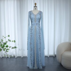 Blue Evening Dresses for Women Kaftan Wedding Party Elegant Long Sleeves Formal Dress