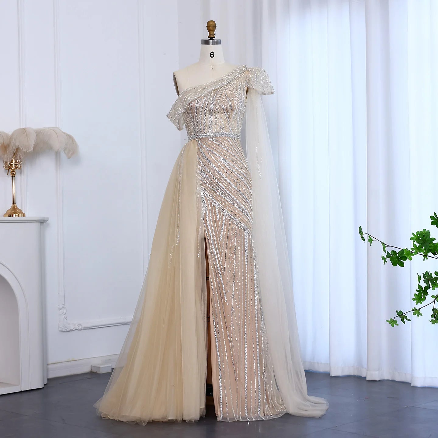 Elegant One Shoulder Fuchsia Luxury Evening Dress with Cape Sleeve Overskirt Formal Party Gown - Image 3