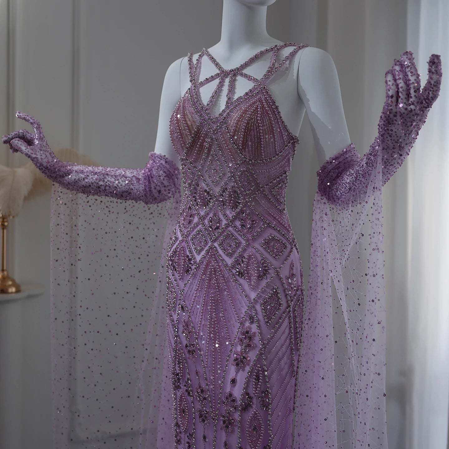 Luxury Lilac Evening Dresses with Gloves Cape Sleeves Long Straight Beyonce Celebrity Prom Party Gowns - Image 4