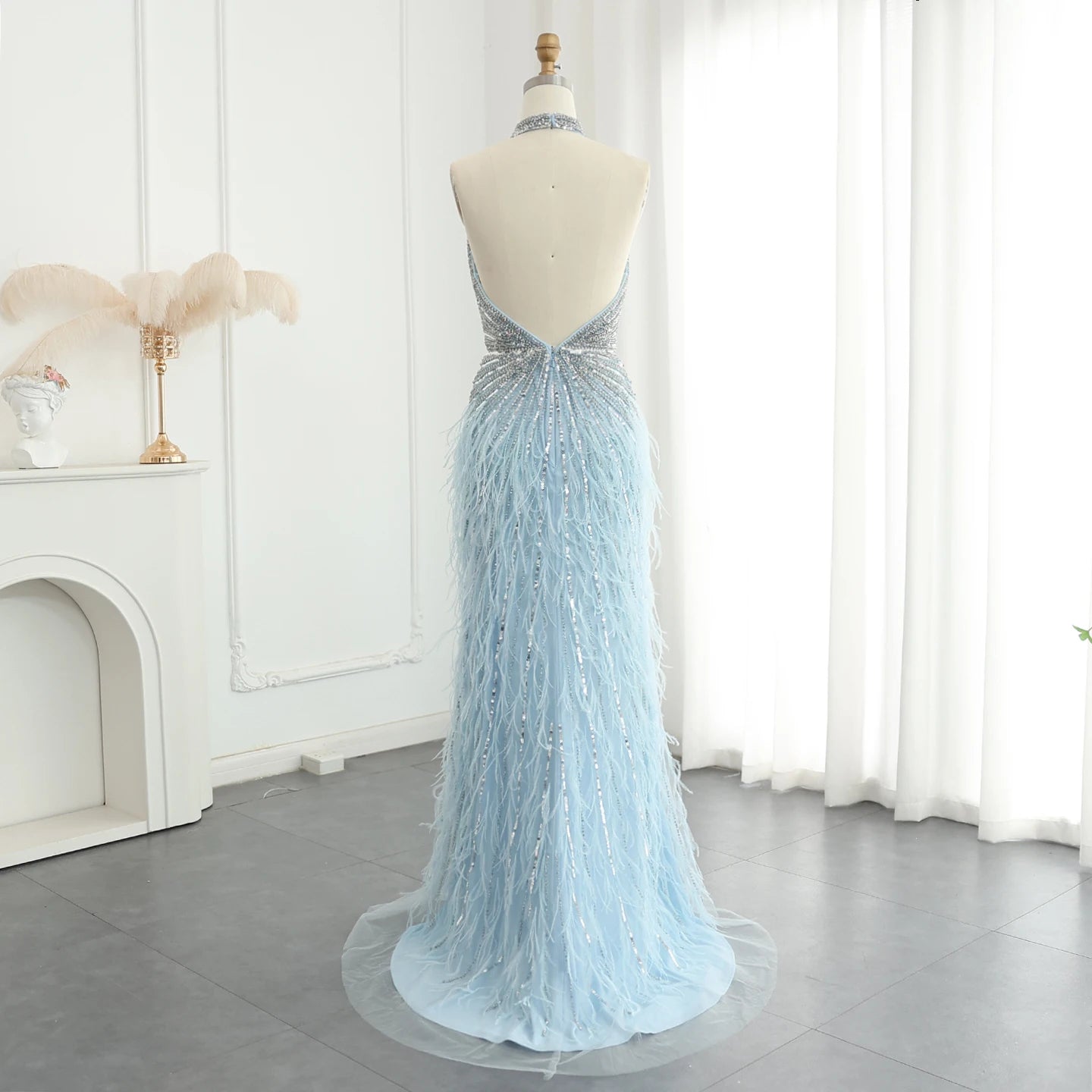 Luxury Beaded Feathers Mermaid Silver Gray Evening Dress Halter Backless Blue Beige Formal Party Gown - Image 21