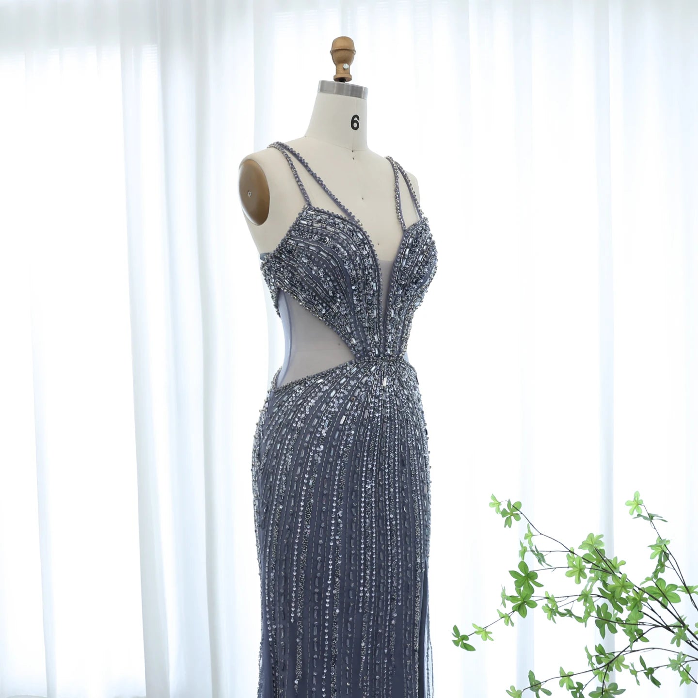 Luxury Beaded Nude Mermaid Evening Dresses Sexy V-neck High Slit Blue Long Women Wedding Party Prom Dress - Image 10