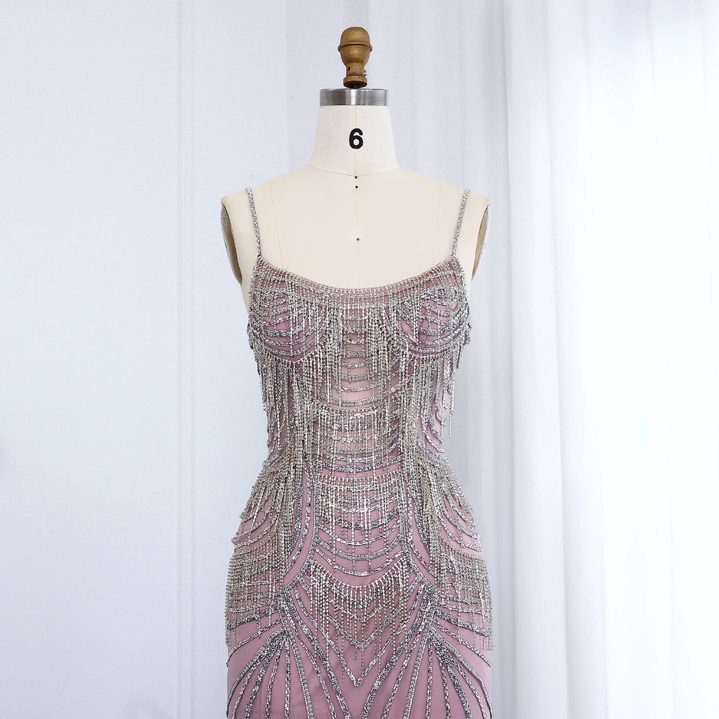 Luxury Crystal Tassel Mermaid Evening Dress with Spaghetti Straps Nude Pink Long Prom Party Gowns - Image 13