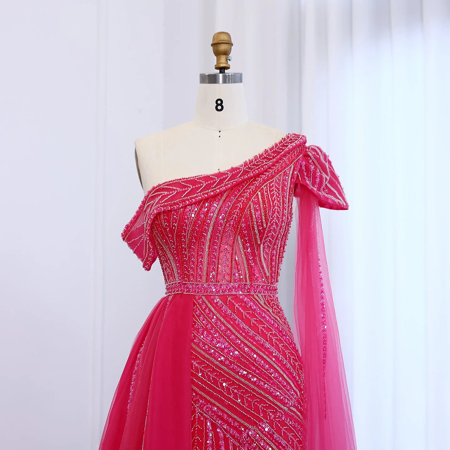 Elegant One Shoulder Fuchsia Luxury Evening Dress with Cape Sleeve Overskirt Formal Party Gown - Image 5