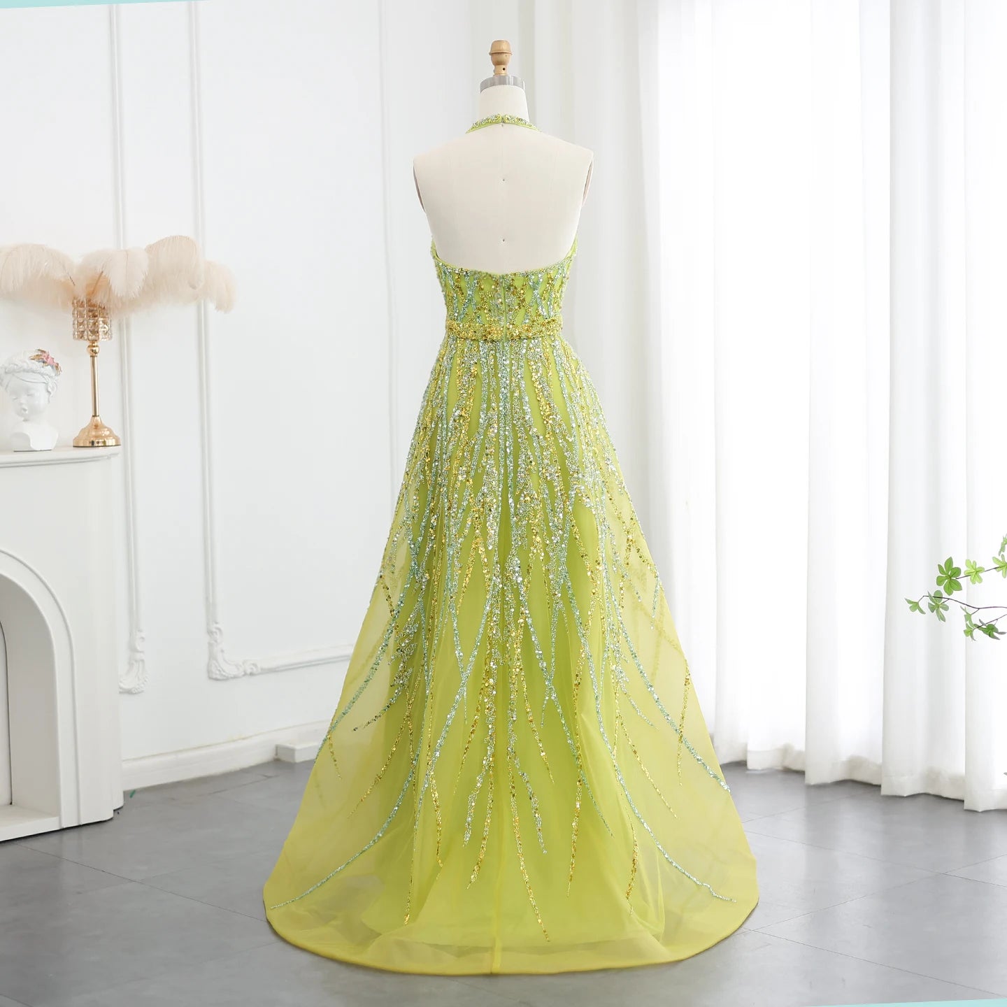 Beaded Lemon Green Evening Dresses with Halter High Low Women Wedding Party Gowns - Image 9