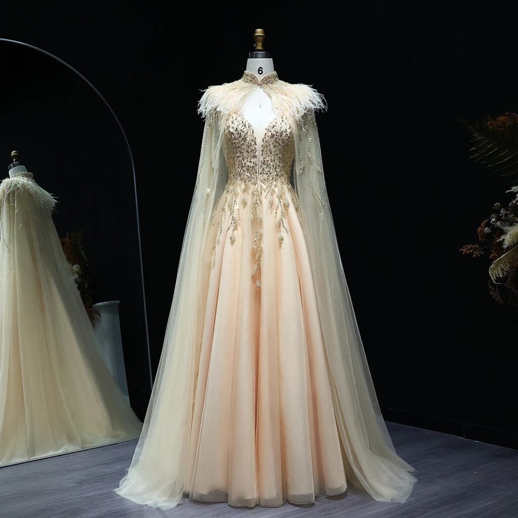 Luxury Gold Beaded Feather Evening Dress with Cape Elegant for Women Wedding Party