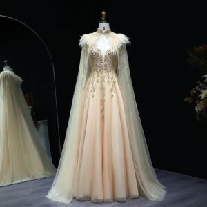 Luxury Gold Beaded Feather Evening Dress with Cape Elegant for Women Wedding Party