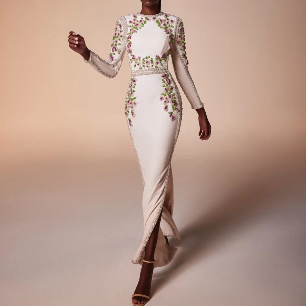 Elegant White Embroideried Flora Evening Dress Long Sleeves Women Wedding Party Gowns