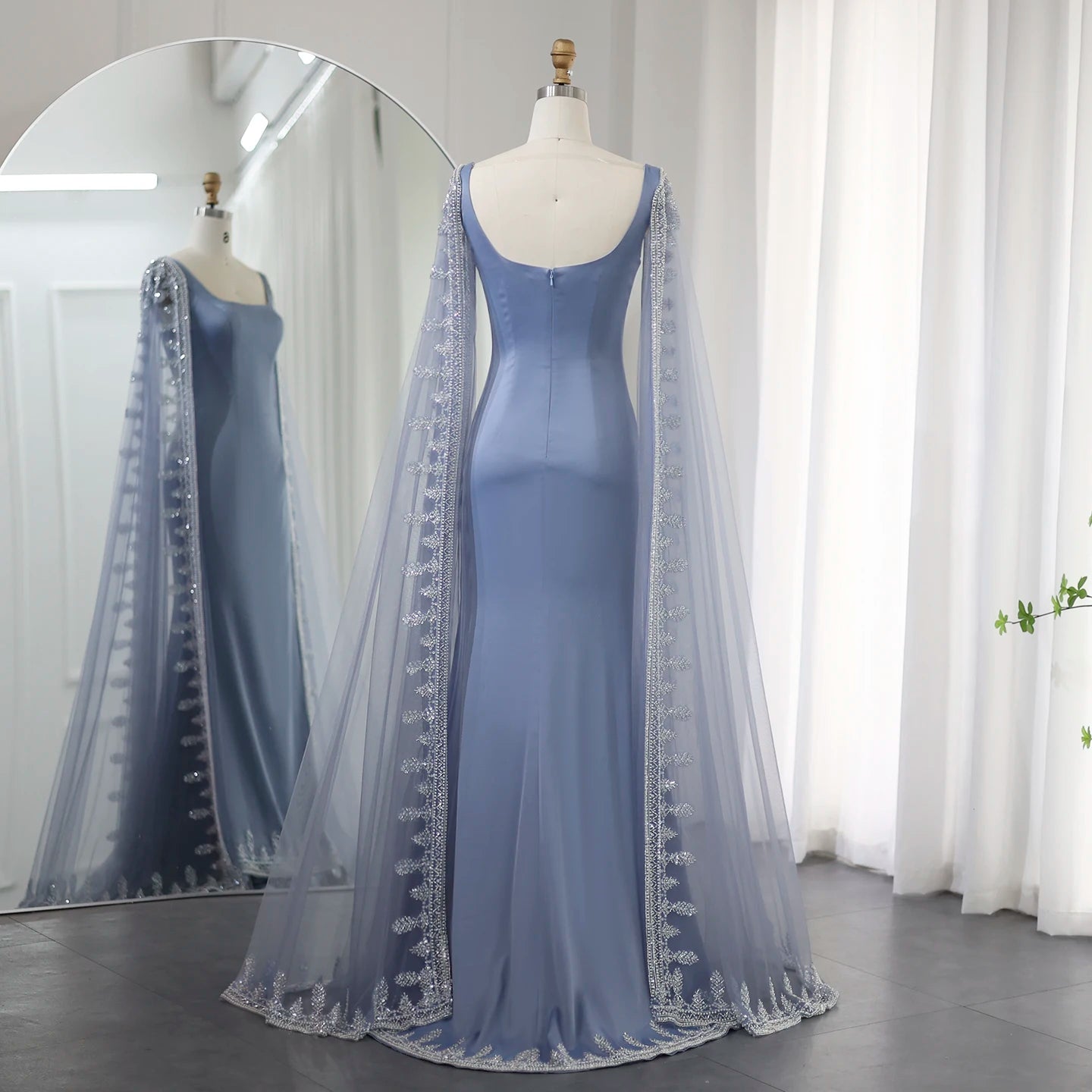 Luxury Blue Mermaid Evening Dresses with Cape Sleeves Sage Green Elegant Women Wedding Party Gowns - Image 7