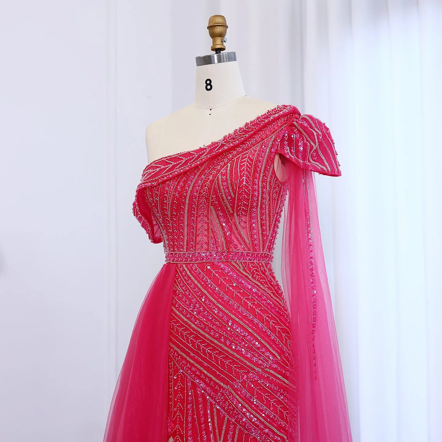 Elegant One Shoulder Fuchsia Luxury Evening Dress with Cape Sleeve Overskirt Formal Party Gown - Image 6