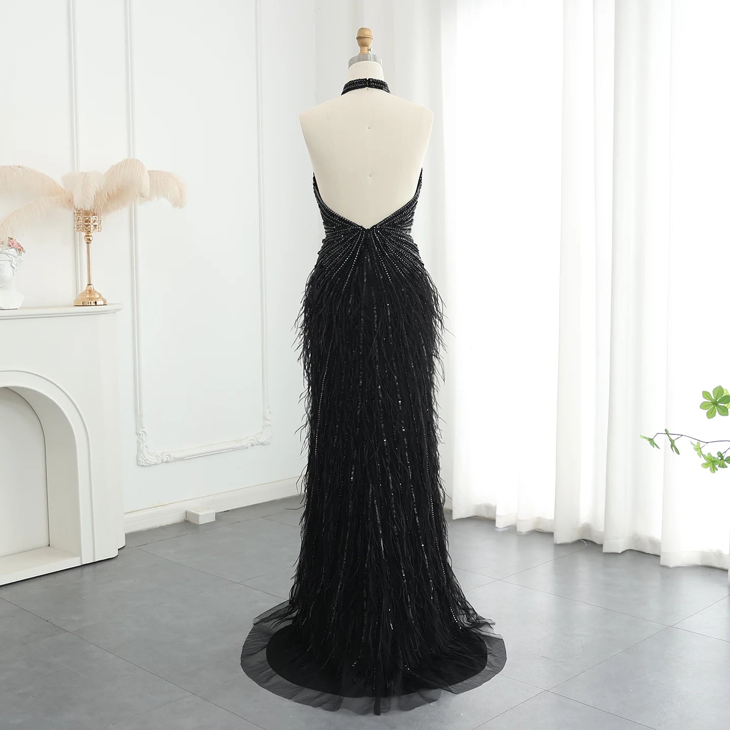 Luxury Beaded Feathers Mermaid Silver Gray Evening Dress Halter Backless Blue Beige Formal Party Gown - Image 11